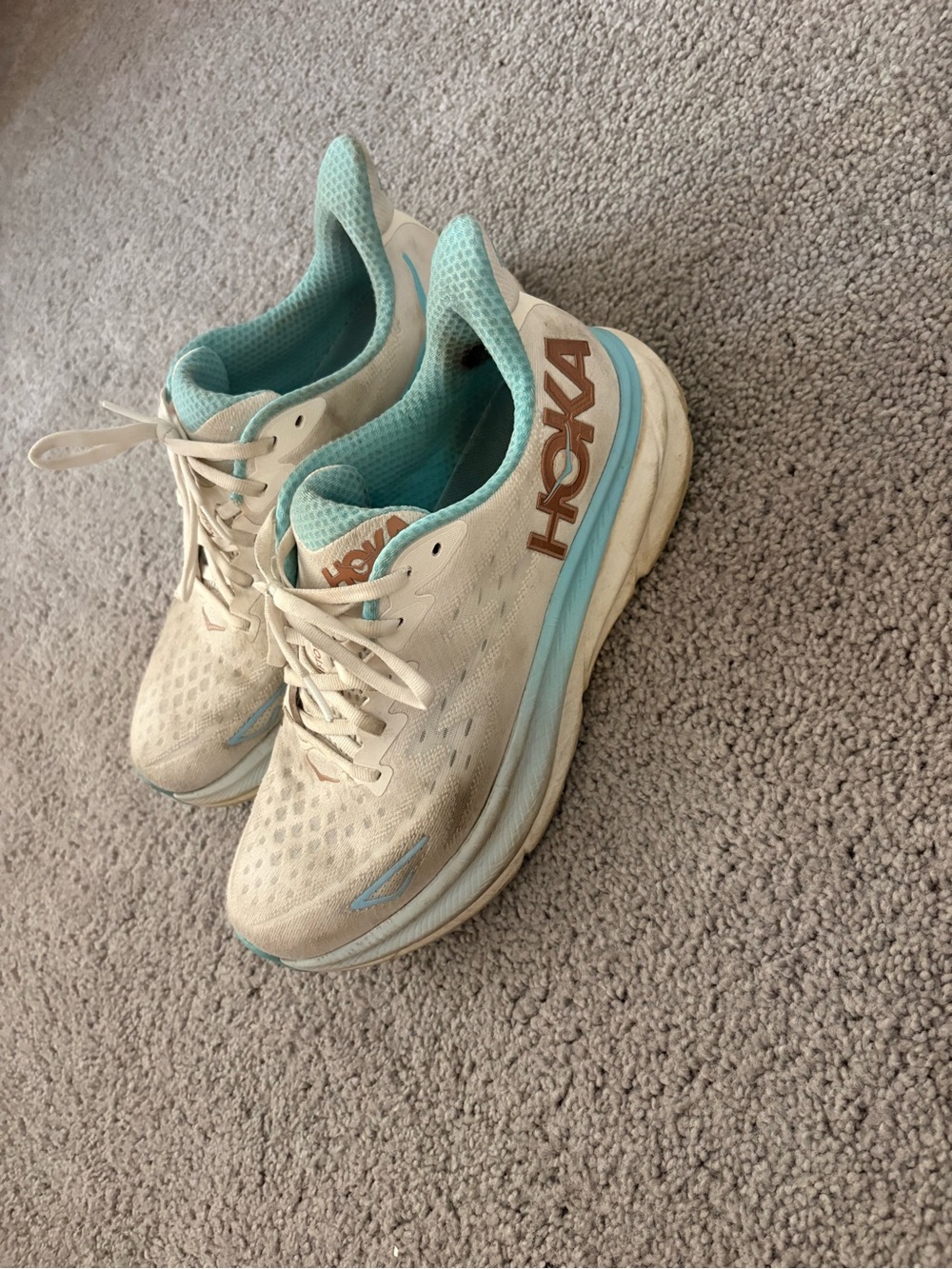 Hoka Women's White and Light Blue Clifton 9 Athletic Running Shoes